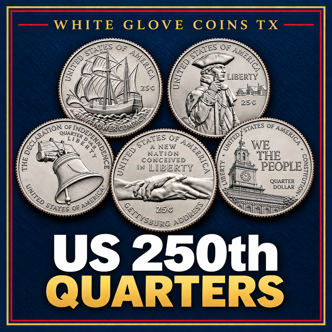 US 250th Quarters category featuring five anniversary designs