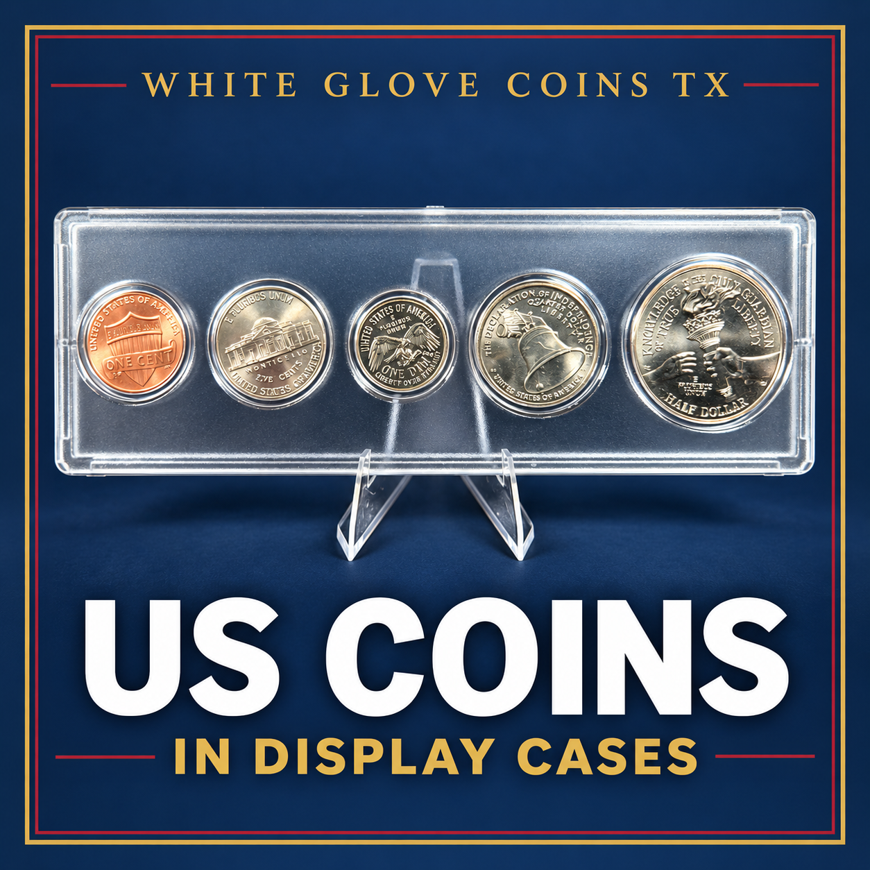 US coins in a display case on an acrylic stand